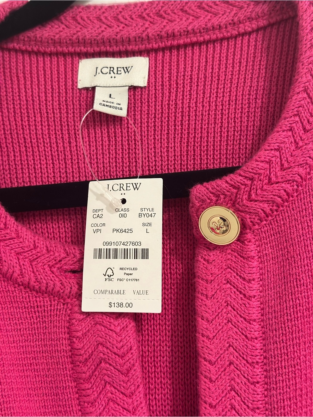 J.Crew Factory NWT Cotton Lady Jacket Cardigan Hot Pink Gold Buttons - L - Picture 2 of 5